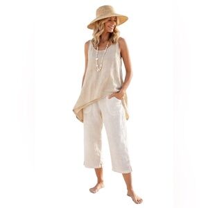FLAX Textured White Linen Cropped Pants, Resort, Beach, Vacation, Weekend, S